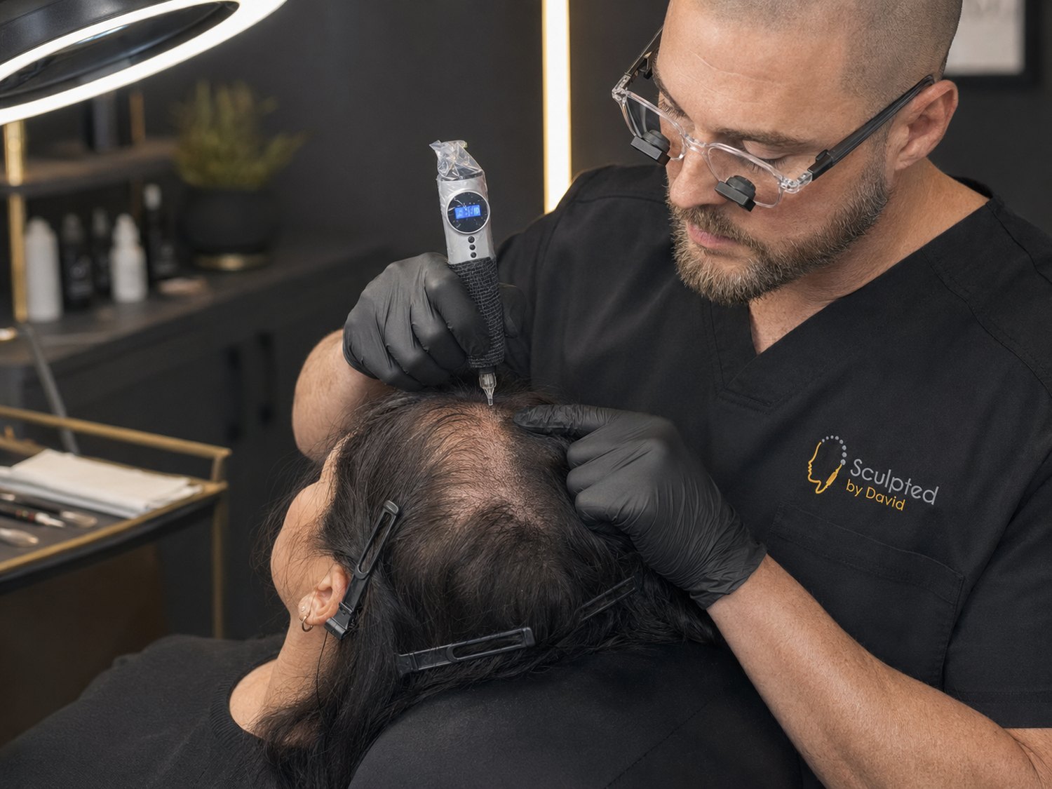 David precisely applying scalp micropigmentation to a female client's thinning crown