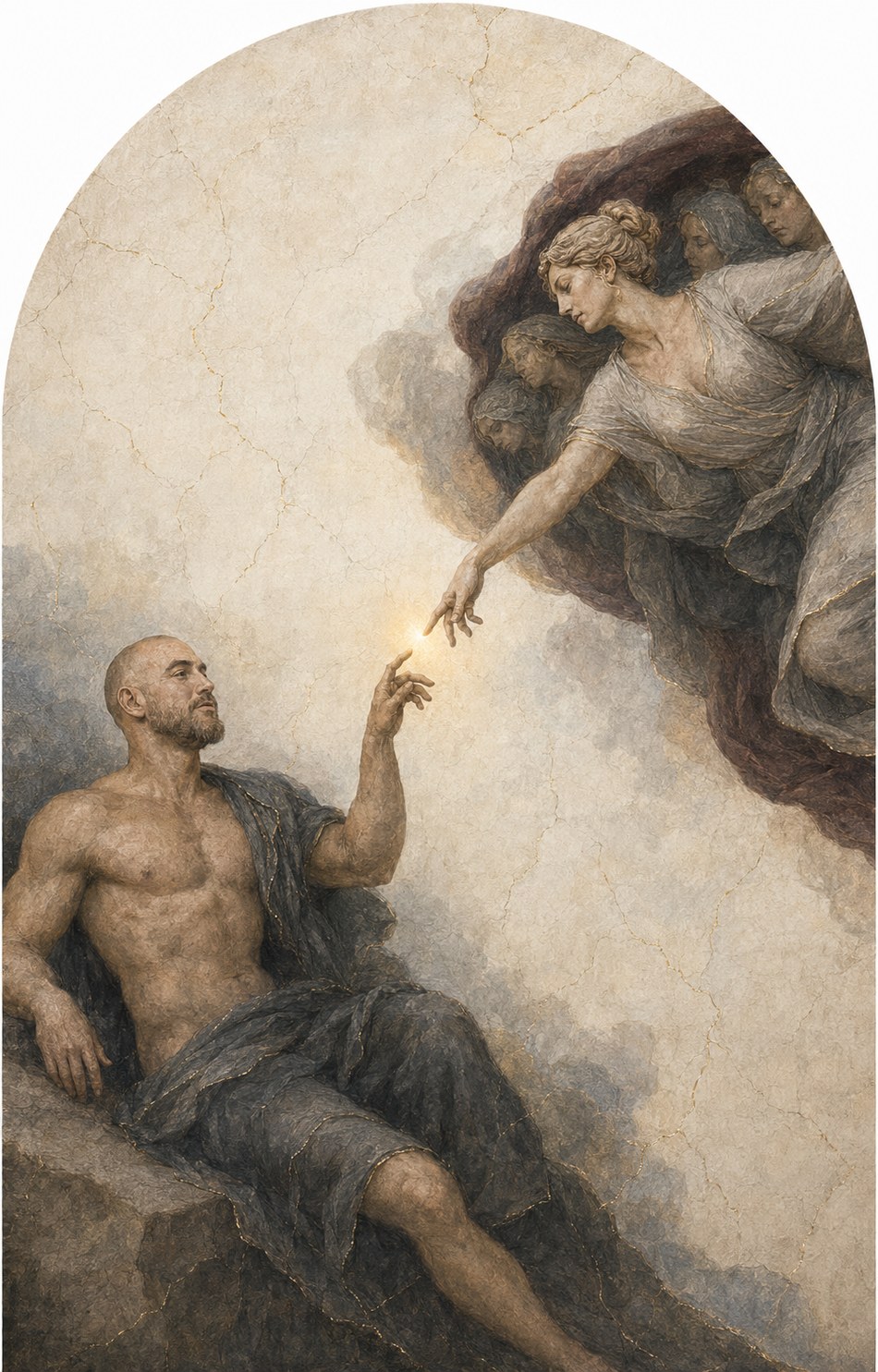 A fresco in the style of Michelangelo's Creation of Adam: David reaching toward a group of women, fingertips meeting at a spark of light, veined with gold